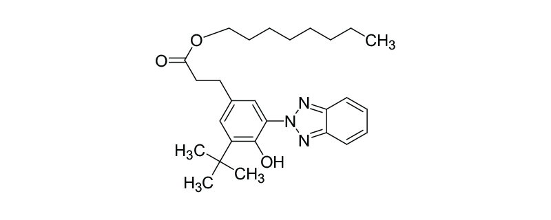 Structure of 3-(2H-BENZOTRIAZOLYL)-5-(1,1-DIMETHYL ETHYL)-4-HYDROXY-BENZENE PROPANOIC ACID OCTYL ESTERS