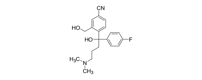 Structure of 4-[4-(DIMETHYLAMINO)-1-(4-FLUOROPHENYL)-1-(HYDROXYBUTYL)]-3-(HYDROXYMETHYL) BENZONITRILE